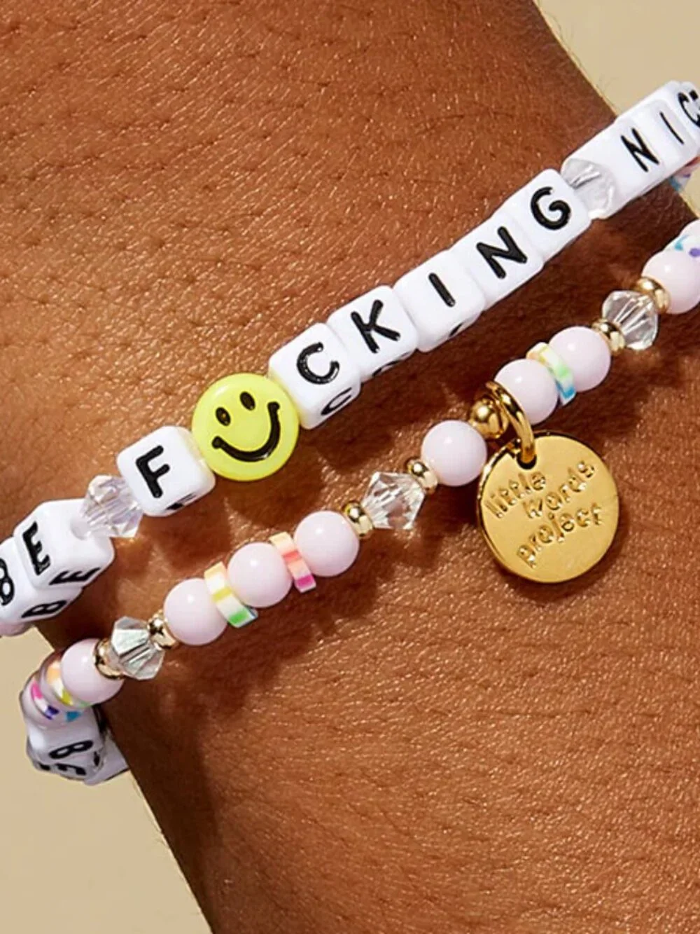 Little Words Project Be F*cking Nice Bracelet Pink Beaded Stretch Retired Color